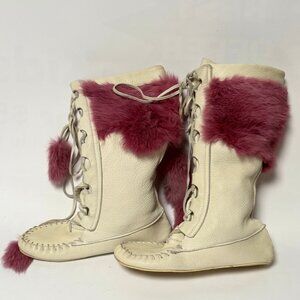 High Top White Leather Moccasins with Rabbit Fur & Pom Poms – Made in Canada – W